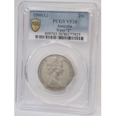 AUSTRALIA 1966 . TWENTY 20  CENTS . VARIETY . WAVY 2 . PCGS GRADED